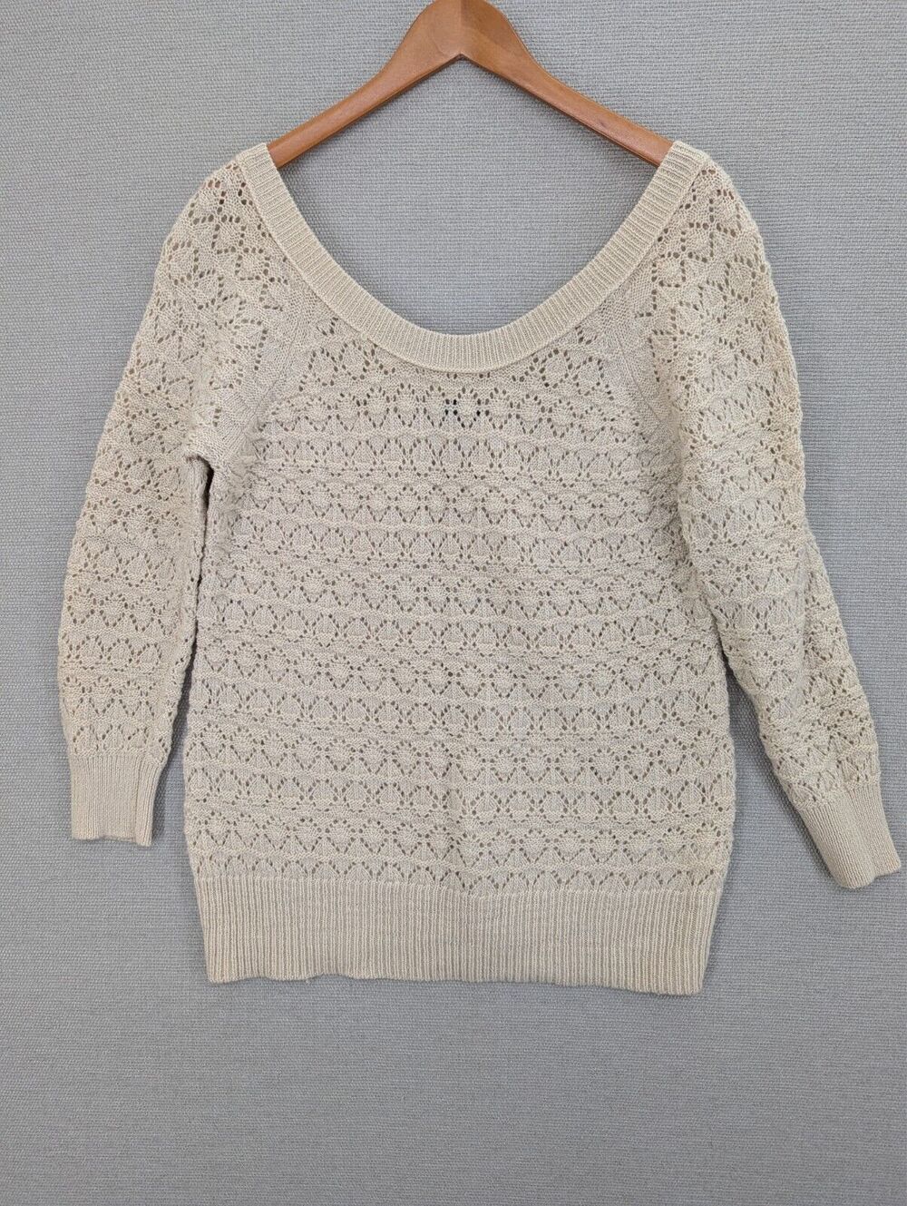 American Eagle Open Knit Sweater Size Large Beige Pullover Top -0325G141